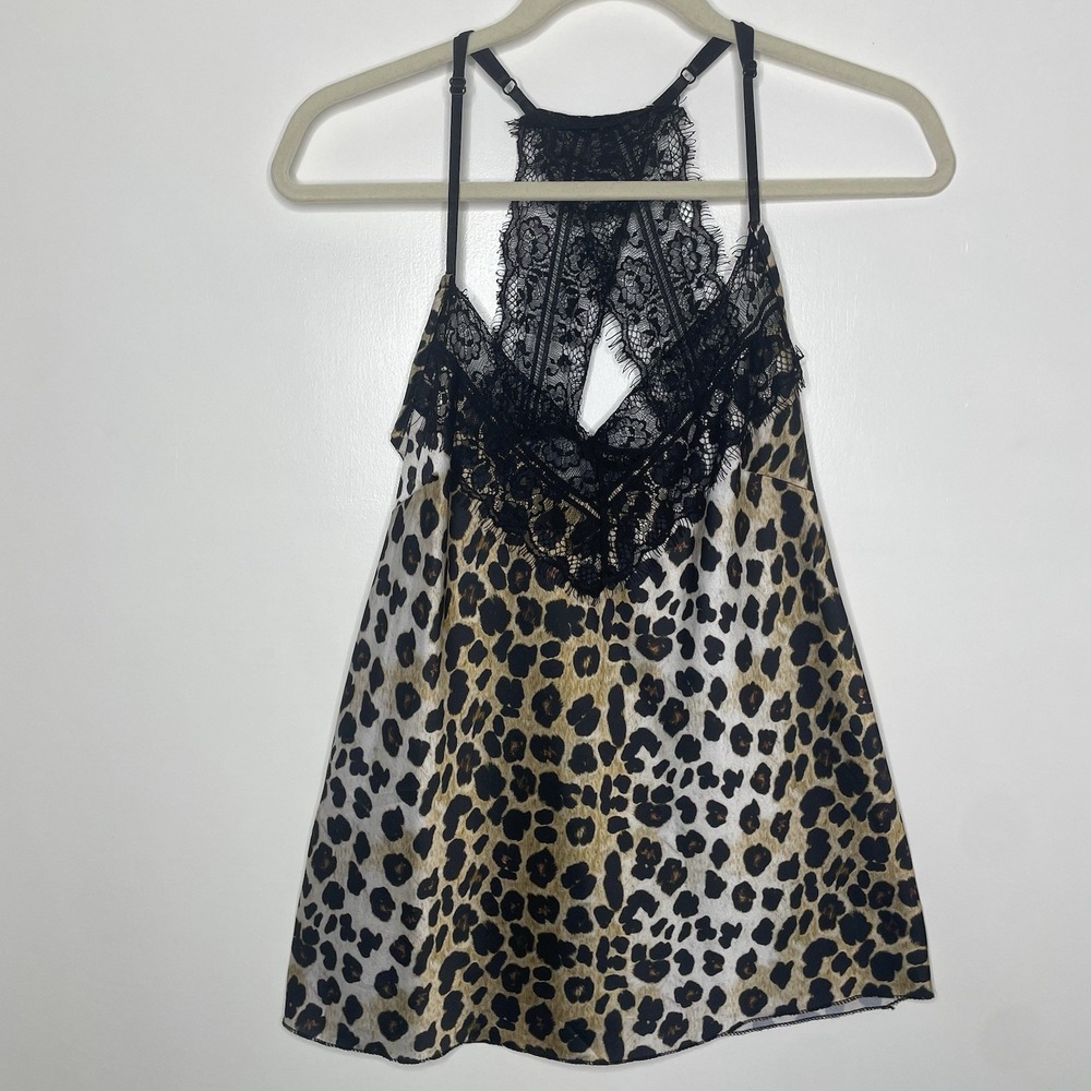 Y2K Women's Leopard Print Satin Lingerie Top Black Lace Trim Sz.Small Racerback